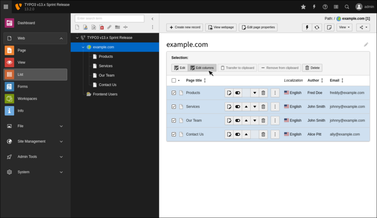 Screenshot of the TYPO3 backend shows a list of sub-pages and the option to edit data of specific columns